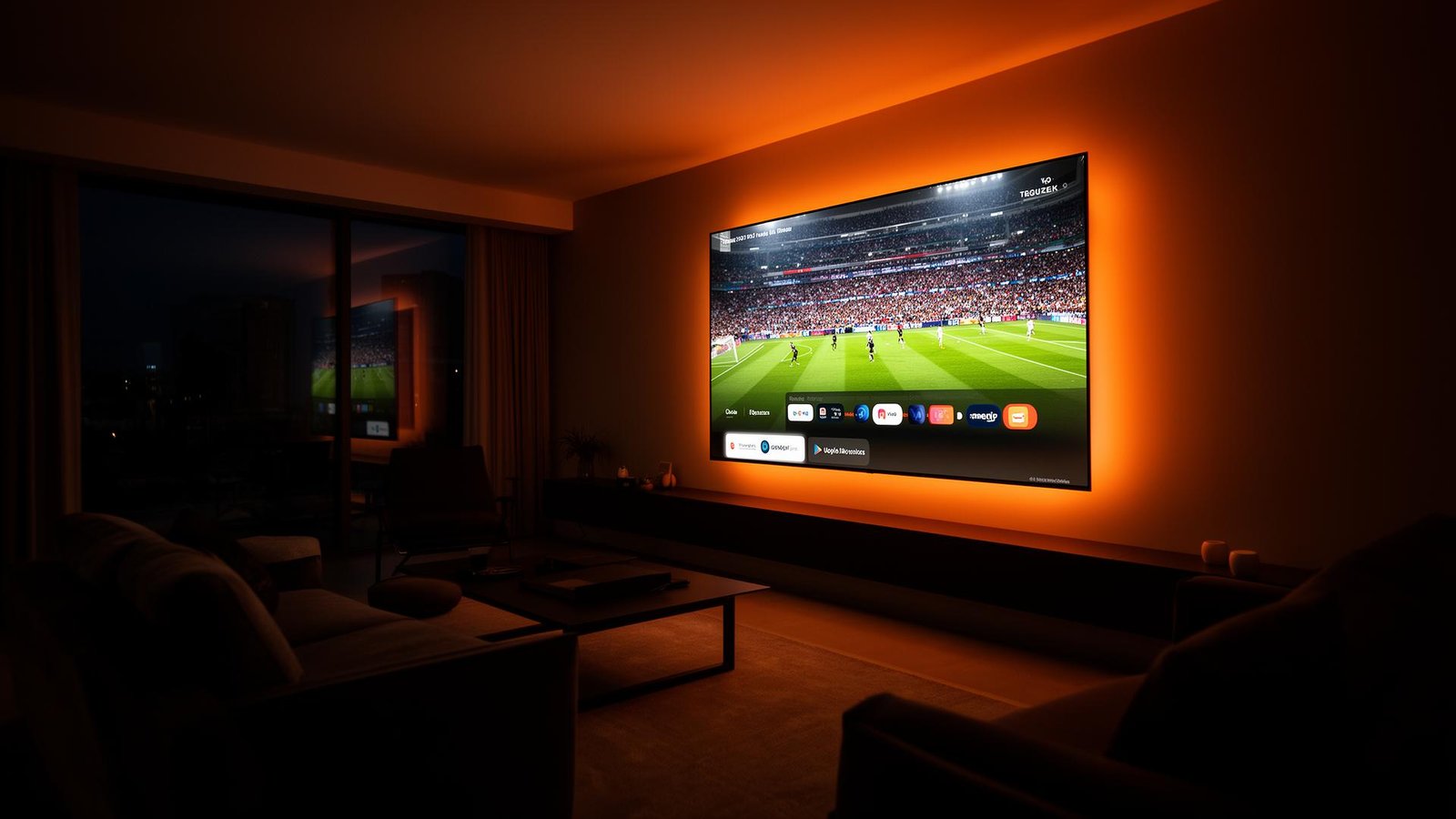 Premium IPTV streaming on a large TV in a modern living room